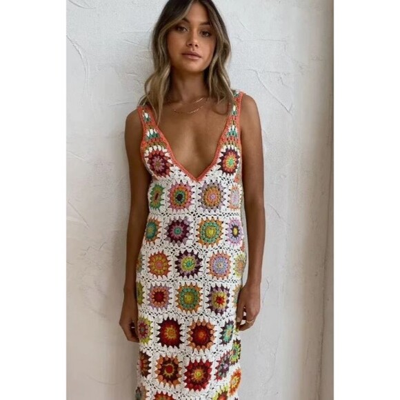 Alemais Crochet Midi Dress Size US 12 Multicoloured Handmade - Picture 2 of 6